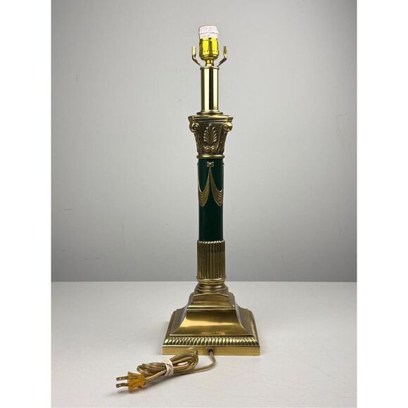 Vintage Brass & Green Empire Neoclassical Style Corinthian Column Table Lamp - Picture 2 of 9